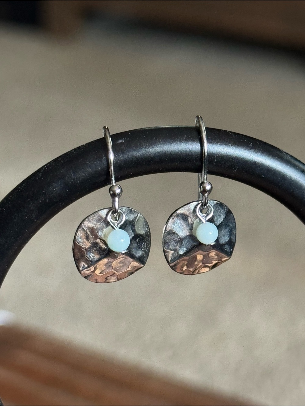 Hammered Sterling Silver Disc Drop Earrings with White Stone